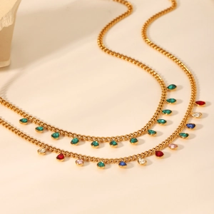 Gold stainless steel layered necklace with colorful teardrop zircon crystal charms