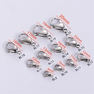 Various sizes of polished silver metal lobster clasps from 9mm to 20mm on white background