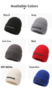 Close-up of knit beanies in various colors featuring casual patch labels