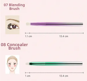Detail of gradient handle blending and concealer brushes with precise size measurements