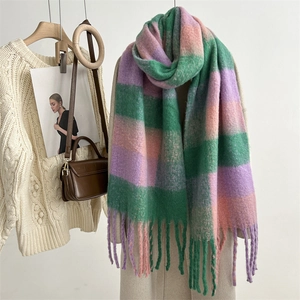 Detailed texture of mohair plaid scarf with long tassels in green, purple, and pink hues
