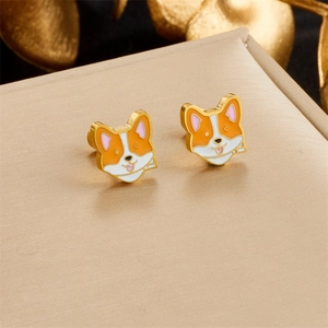 Orecchini a perno in acciaio al titanio con simpatico Corgi cartone animato in smalto