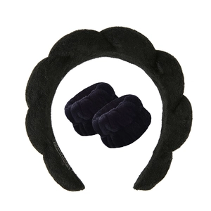 Black towel cloth spa headband and wristband set for face washing with twist design