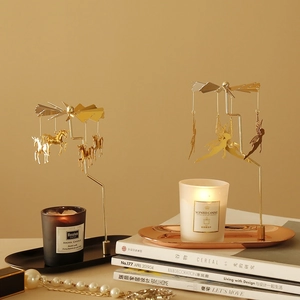 Golden carousel and fairy rotary candle holders with tray for home decor