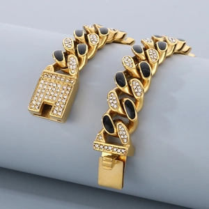 Gold-plated 14mm Cuban link bracelet for men with crystals and black resin inserts