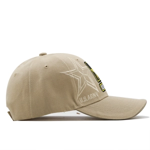 Detail of beige cotton baseball cap with U.S. ARMY embroidery and side profile view