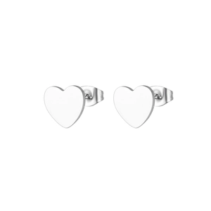 Detailed close-up of polished silver heart stud earrings with secure butterfly backings