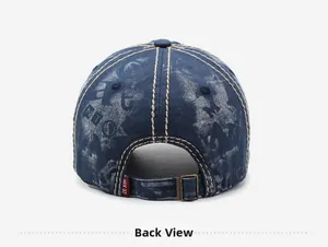 Back view of vintage washed denim baseball cap with adjustable metal buckle and stitching