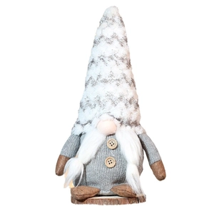 Sitting Christmas gnome plush with gray knitted pointed hat and wooden base for decor