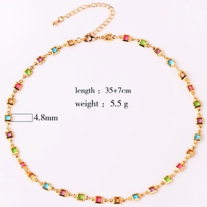 Detail of 18K gold necklace with colorful square zircons and size specifications