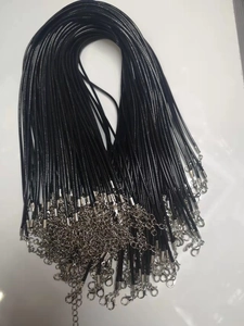 Bulk black waxed necklace cords with silver lobster clasps and extension chains detail