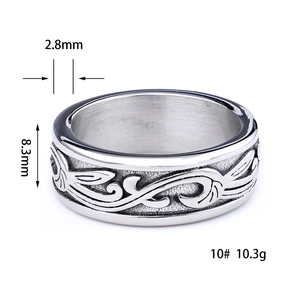 Unisex silver stainless steel ring featuring vintage woven vine patterns on a white background