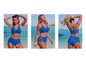 Detailed view of blue two-piece bikini with twist V-neck top and side cut-out high waist bottom