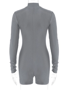Rückansicht eines grauen, langärmeligen Slim-Fit-Bodysuits mit Stehkragen und Reißverschluss
