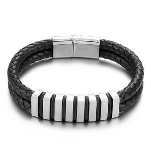 Men's double-layer black braided leather bracelet with steel magnetic clasp and metal beads
