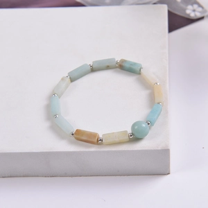 Detailed macro view of light blue Amazonite rectangle beads with silver spacers