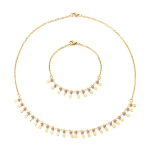 Golden fringe necklace and bracelet set with pink beads and water drop pendants