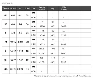 Detailed size chart for women knitwear set showing pants length and waist measurements