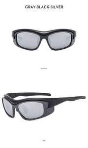 Front and side views of gray-black and silver Y2K sports sunglasses with matte frames