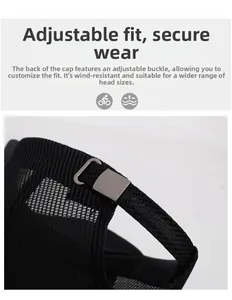 Detail of adjustable metal buckle and breathable black mesh on summer fishing cap