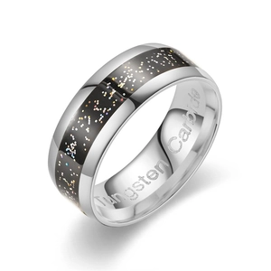 Macro shot of silver tungsten carbide ring featuring a black glitter sand inlay detail