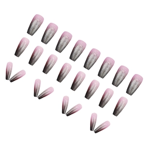 Set van 24 lange ballerina plaknagels met roze en houtskoolgrijze glitter kleurverloop