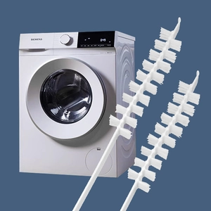 Long flexible cleaning brush with spiral bristles for washing machine drum gaps