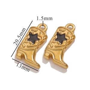 Detailed view of gold cowboy boot pendants with black star pattern and size dimensions