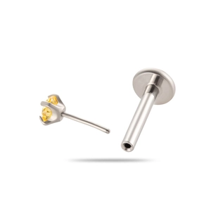 Detailed macro view of silver titanium labret stud with a yellow 4-prong set zircon crystal