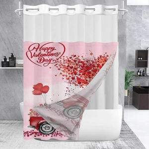 Valentine's Day Shower Curtain Waterproof Polyester Waffle Weave Layered Hookless Design Red Truck Heart Gnome Romantic Decor