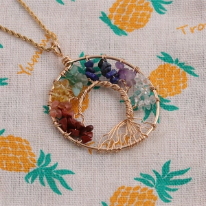 Golden tree of life pendant necklace with multicolor gemstones on a twisted chain