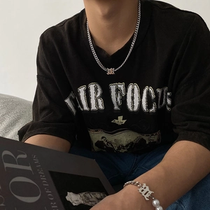 Titanium steel cuban link chain necklace with gothic letter pendant and pearl bracelet