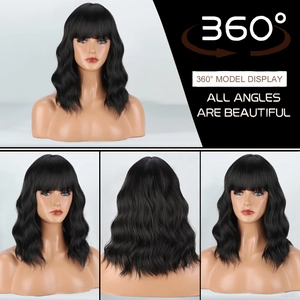 Short wavy black wig with bangs, 360-degree multi-angle view on a female mannequin bust