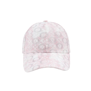 Pink and white lace baseball cap with floral clover pattern and metallic embroidery
