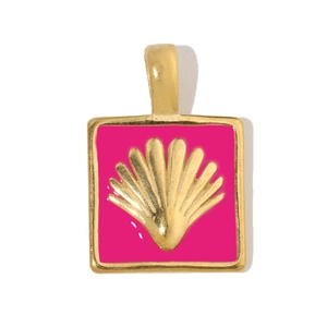 Detail of square gold pendant featuring a vibrant hot pink inlay and a 3D shell motif
