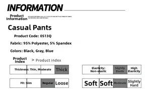 Size chart and fabric details for men's casual pants with material and color specs