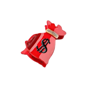 Red money bag shaped hair claw clip with dollar sign and gold rhinestones