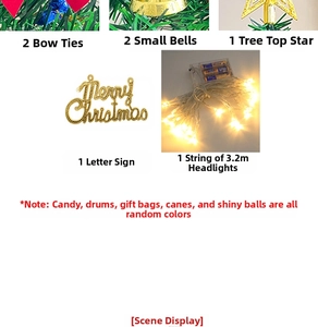 Detailed set of Christmas tree ornaments including star topper, bells, bows and LED string lights