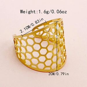 Golden honeycomb open ring with wide cutout design and size measurements