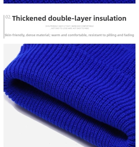 Detailed macro view of the royal blue thick double-layered knit texture and warm fabric