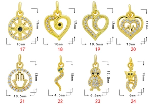 Detailed size chart for assorted 18K gold plated charms with cubic zirconia stones