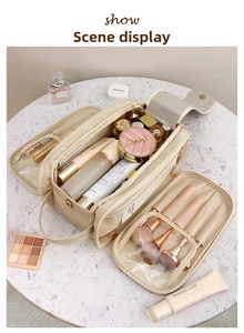 Detail view of large capacity makeup bag with inner compartments and brush holders
