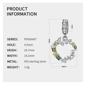 Detailed 925 sterling silver Love Mom heart pendant with size measurements and zircon details