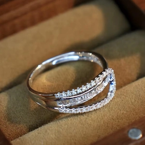 Luxury silver-toned double layer ring featuring round and baguette-cut zircon stones