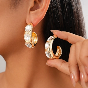 Geometric C-Shaped Rhinestone Hoop Earrings With 925 Sterling Silver Earring Post Alloy Fashion For Women
