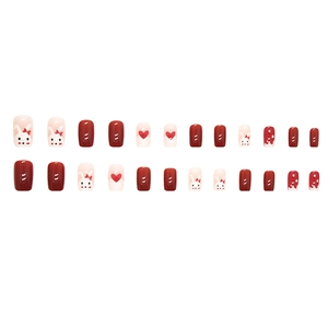 Cute red bunny press-on nails with heart patterns and glossy short square design