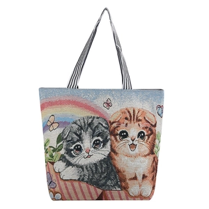 Ethnic style woven canvas tote bag with jacquard cat pattern and striped handle