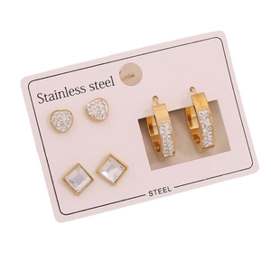 Set of 3 pairs golden stainless steel earrings with heart and zircon studs and hoops