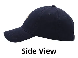 Side view of navy blue cotton baseball cap featuring six-panel structure and curved brim