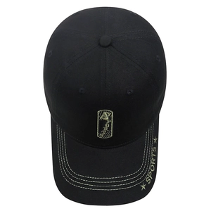 Classic black camouflage baseball cap with golden SPORTS embroidery and canvas texture